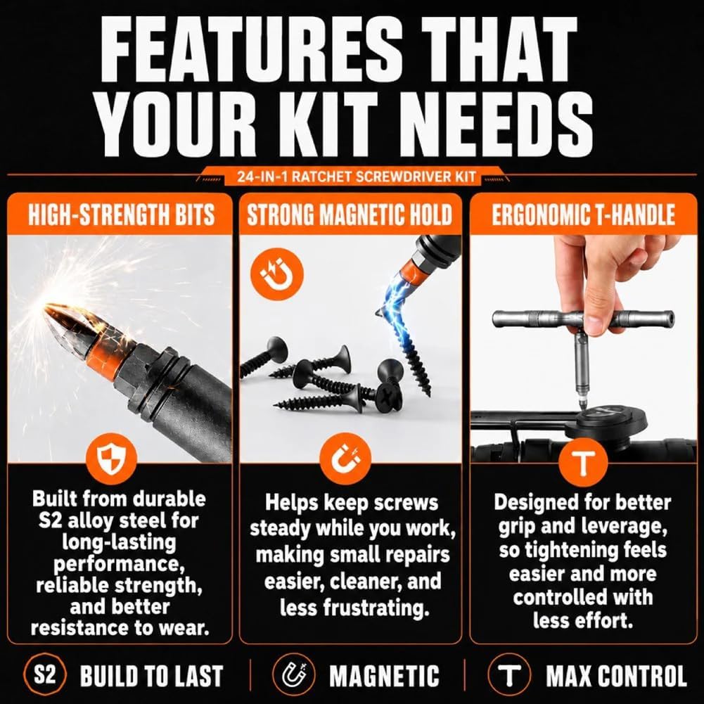 24-in-1 Ratchet Screwdriver, T-Handle Ratchet Screwdriver
