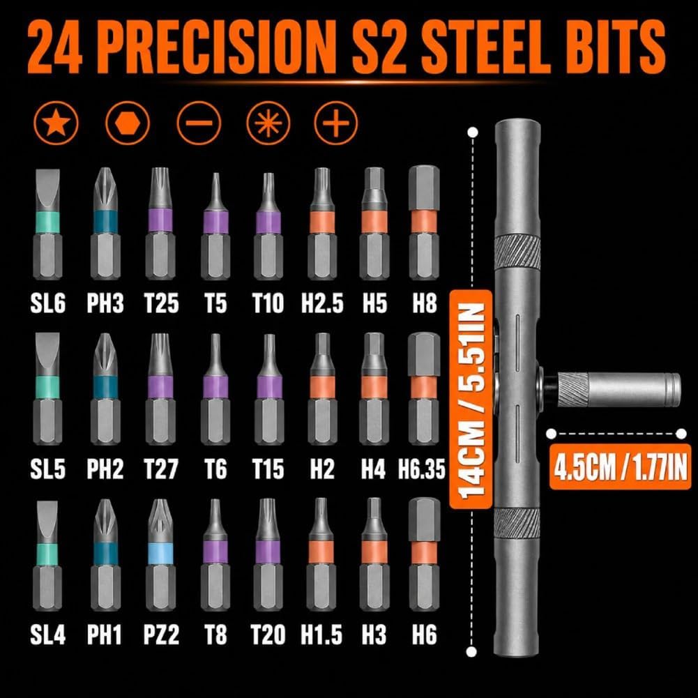 24-in-1 Ratchet Screwdriver, T-Handle Ratchet Screwdriver